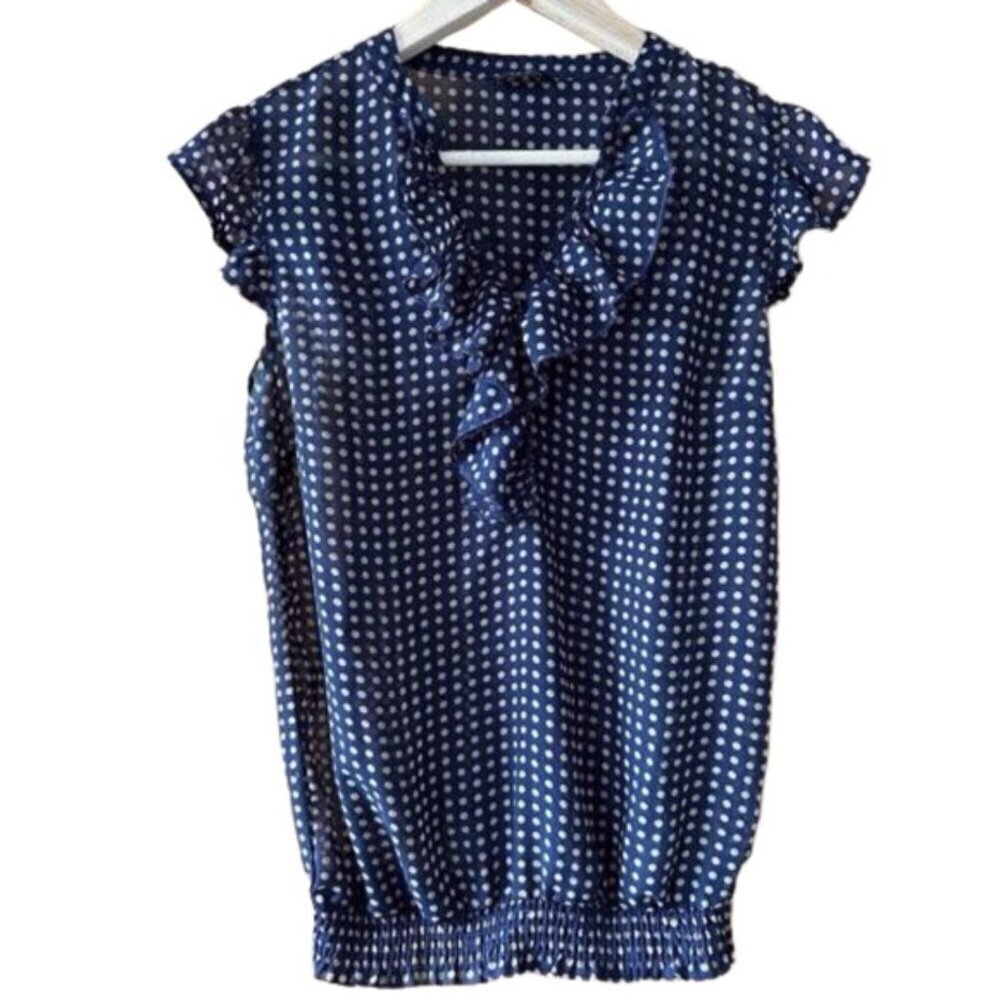 Polka Dot V Ruffle Cap Sleeve Blouse Navy Blue Tan - Small